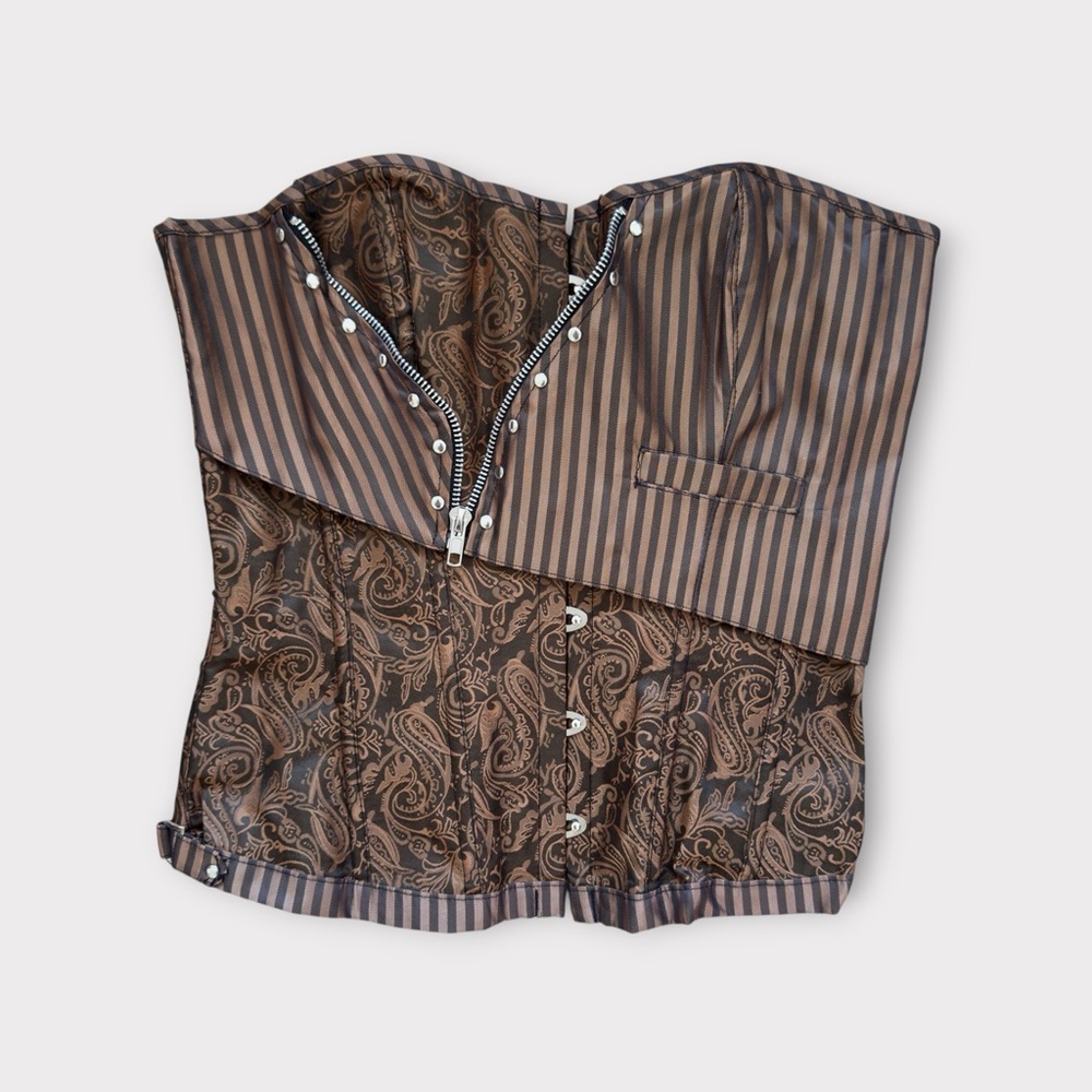 Whimsical Y2K Brown Satin Striped & Paisley Corset Bustier Top – Size L